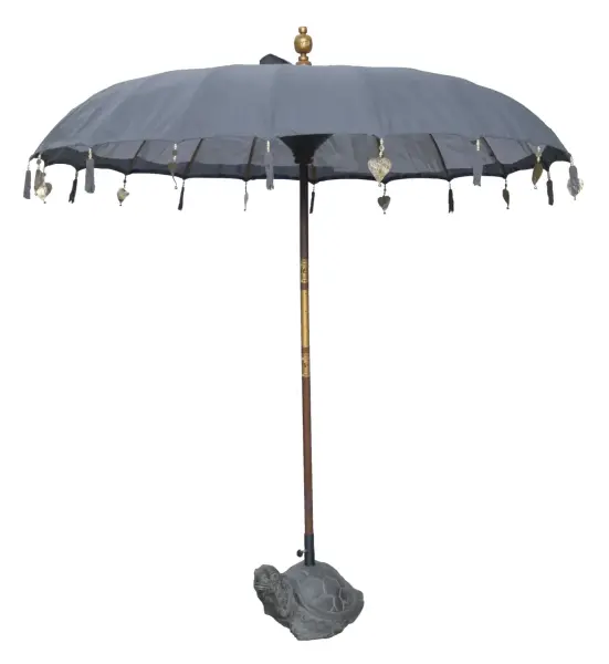 Product image 1 of the product “Bali umbrella , dark grey 2 with wooden coins and gold leaves hanging around the edge. Approx. 230cm dia. and 250cm height ”